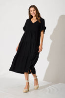 Black Linen Blend Midi Dress