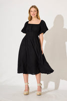 Black Linen Blend Midi Dress for Winter