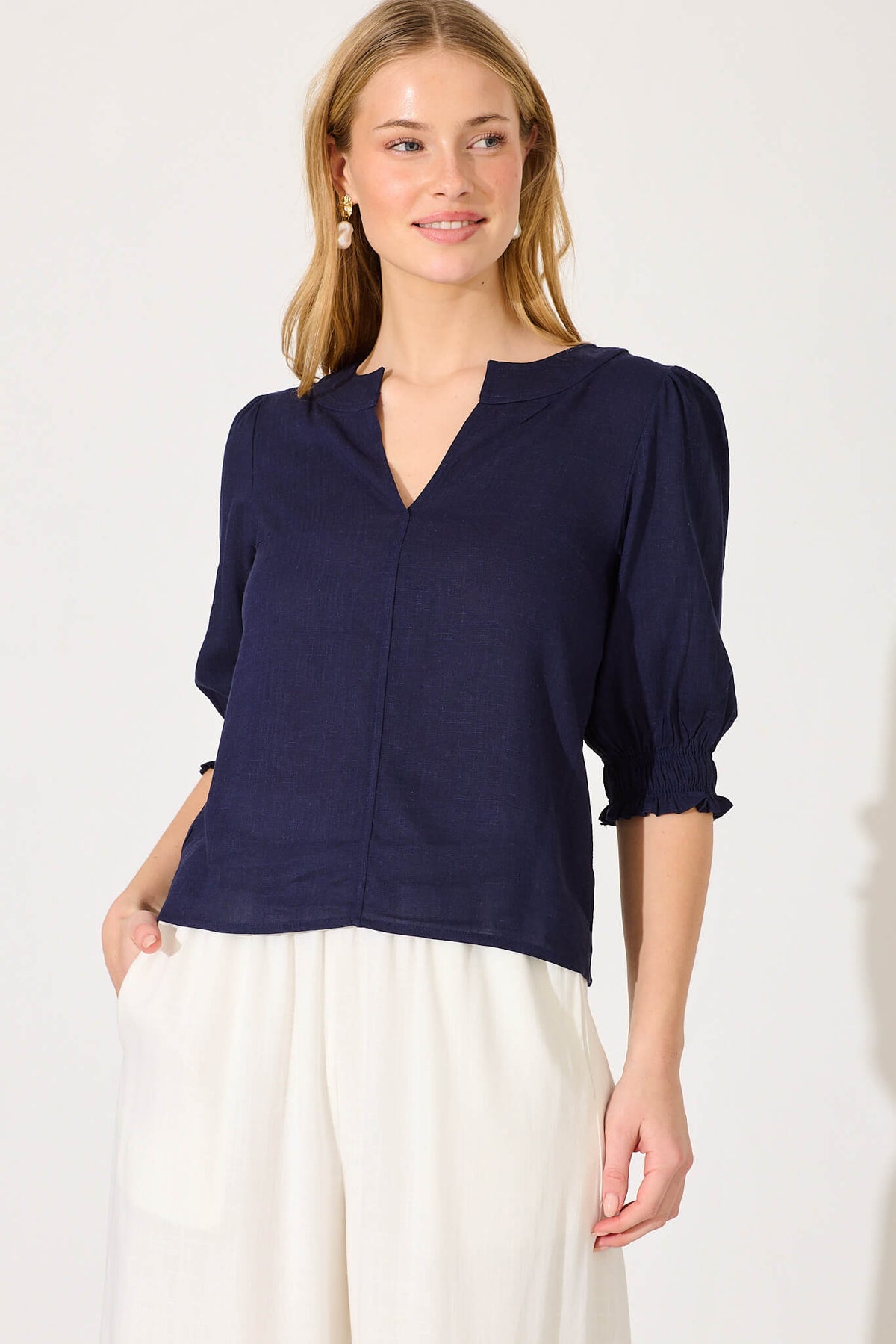 Navy Cotton Linen Top by Tiana
