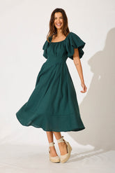 Emerald Linen Blend Midi Dress for Winter