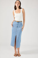 Blue High-Waist Split Denim Midi Skirt