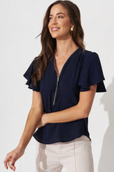 Navy Zipper Blouse by Viviana