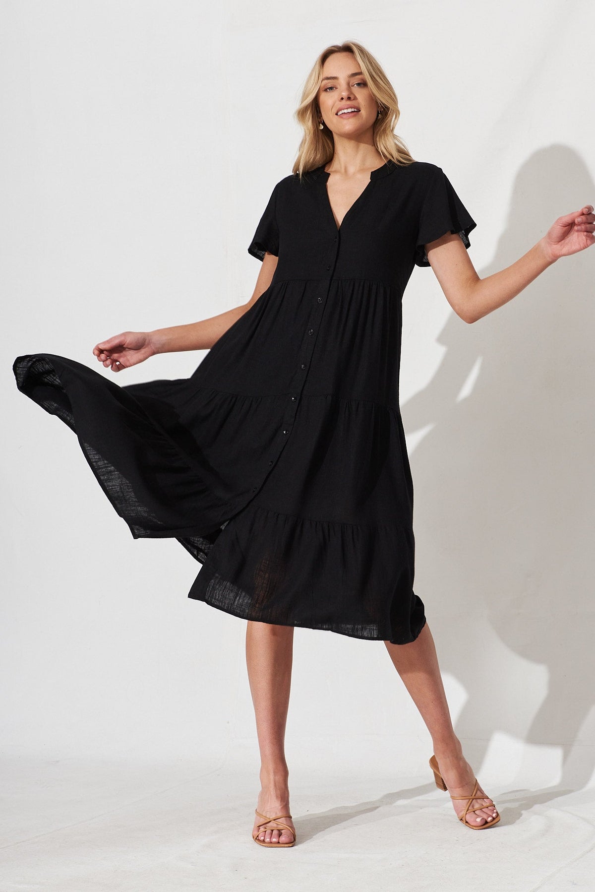 Black Linen Blend Midi Shirt Dress by Marvela