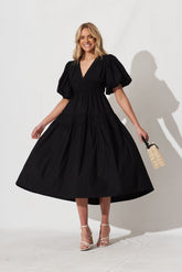 Black Cotton Midi Dress - Amalie