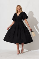 Black Cotton Midi Dress - Amalie