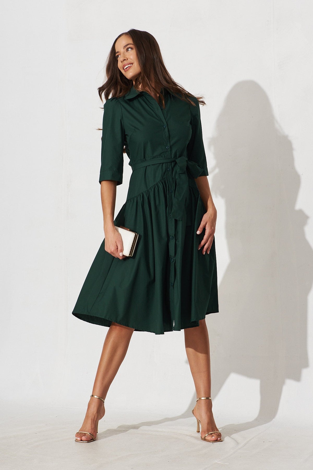 Emerald Cotton Shirt Dress - Marie Midi Style