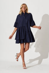 Navy Cotton Blend Smock Dress