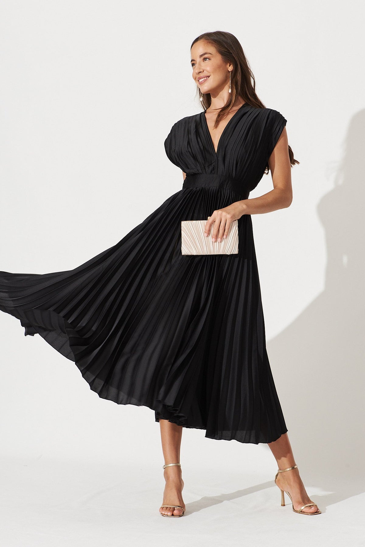 Black Satin Pleated Midi Dress - Anetta
