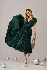 Pleated Emerald Satin Midi Dress