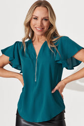 Dark Teal Zip Blouse by Viviana