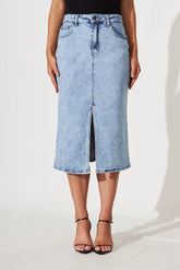 Light Blue Midi Stretch Denim Skirt
