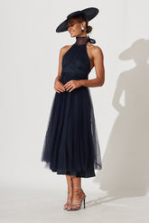 Navy Tulle Halter Midi Dress