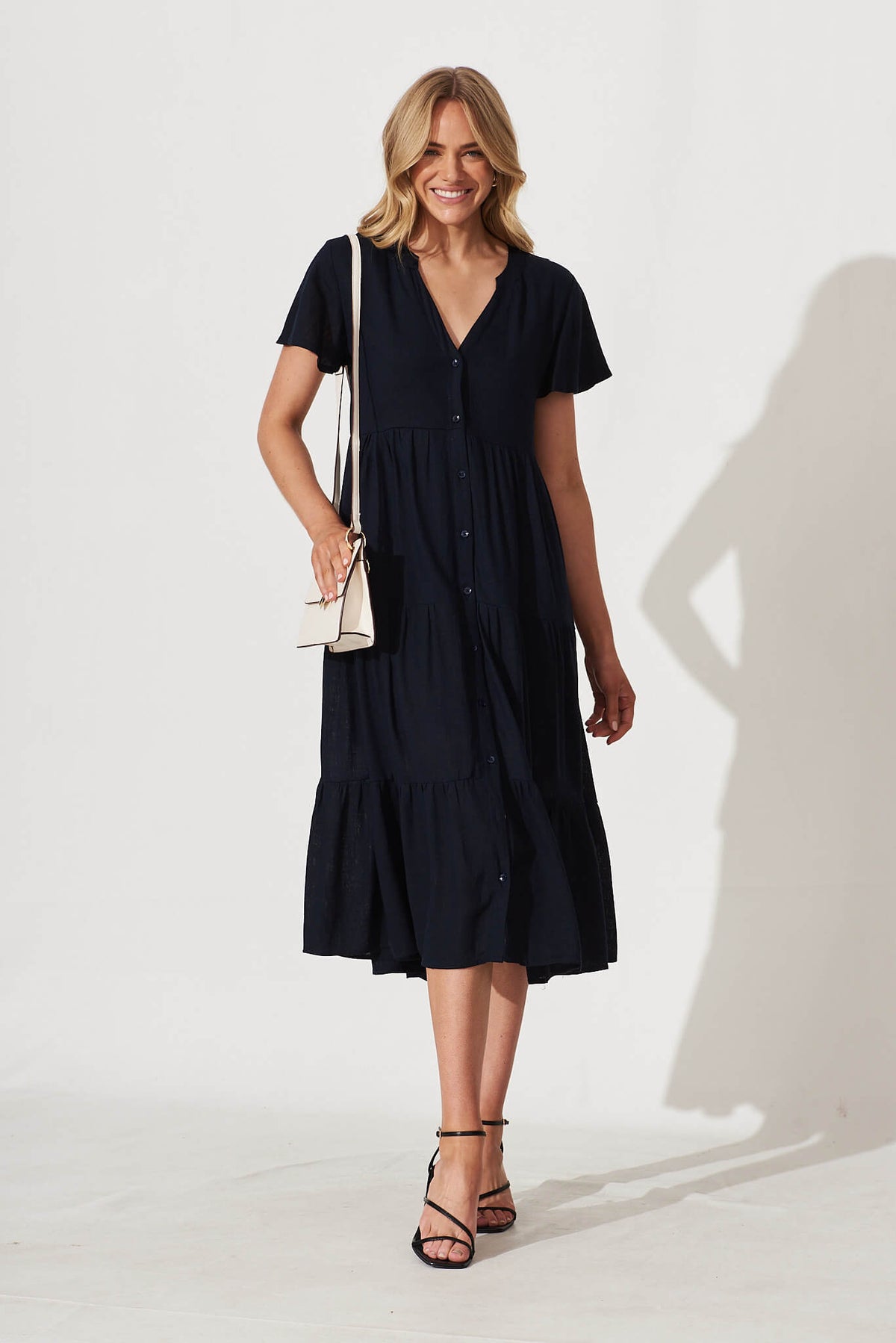 Navy Linen Blend Midi Shirt Dress by Marvela