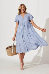 Sky Blue Linen Blend Midi Shirt Dress by Marvela
