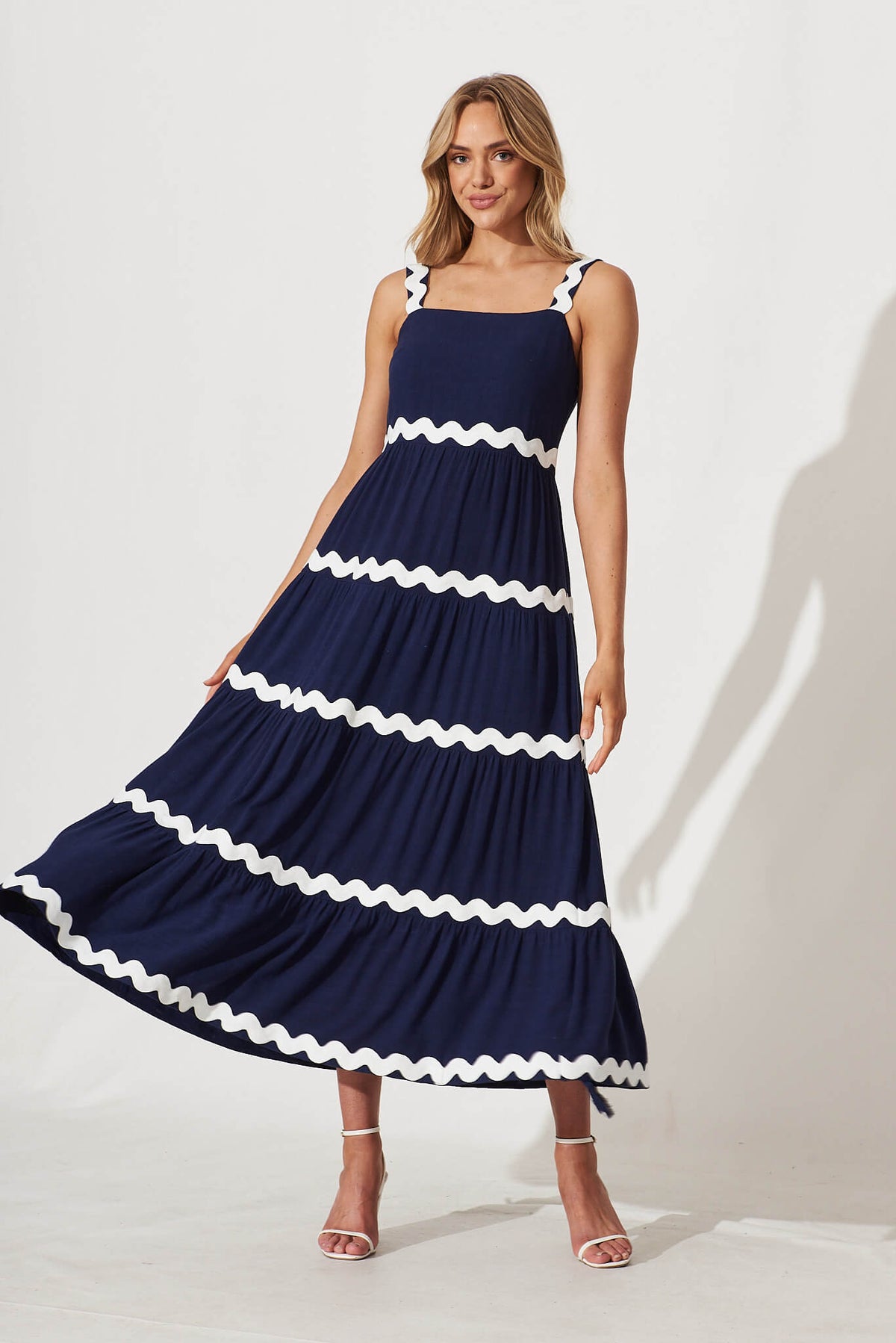 Navy & White Maxi Dress with Ric Rac Trim