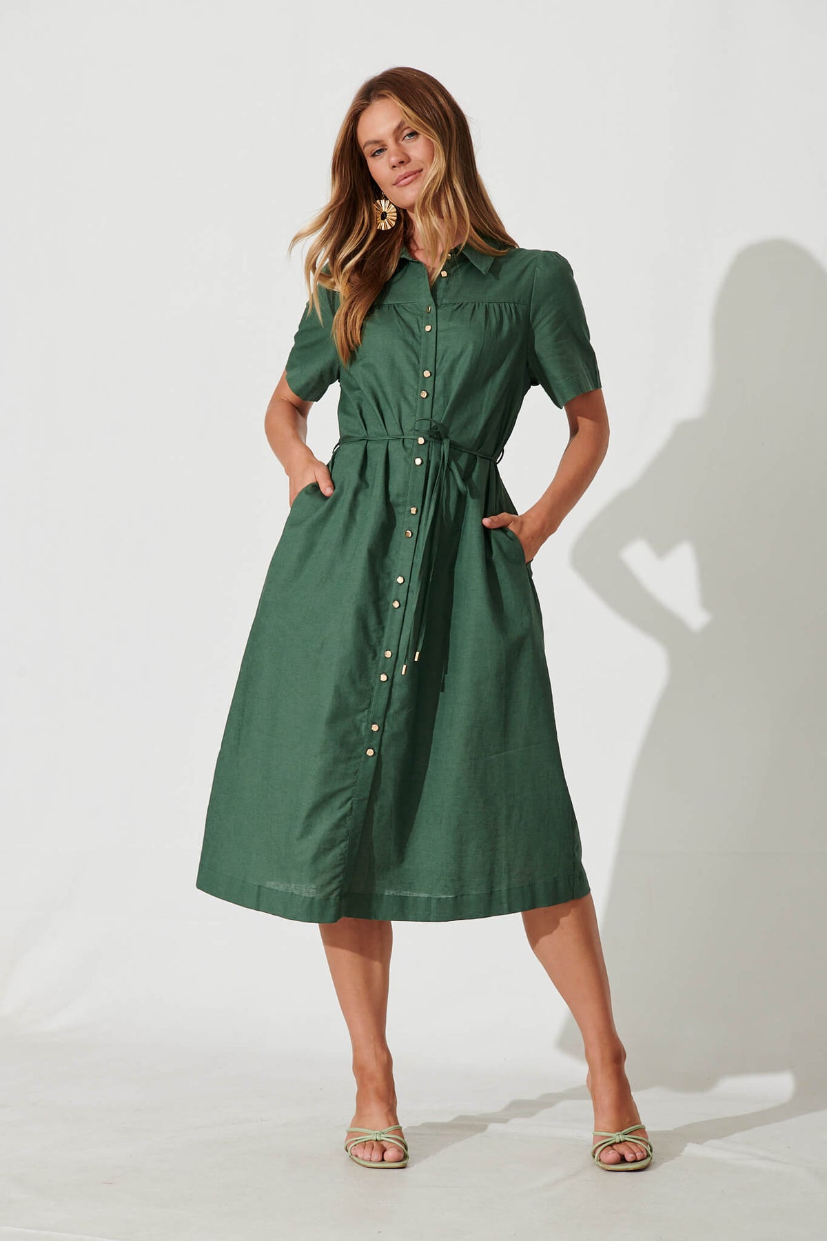 Green Cotton Linen Midi Shirt Dress by Oatland