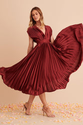 Wine Satin Pleated Midi Dress