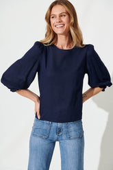 Navy Cotton Linen Blouse