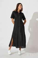 Black Linen Maxi Shirt Dress by Christiana