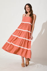 Rust Maxi Dress with White Trim - Cotton Summer Wear