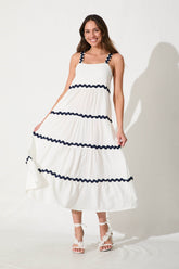 White Maxi Dress with Navy Ric Rac Trim
