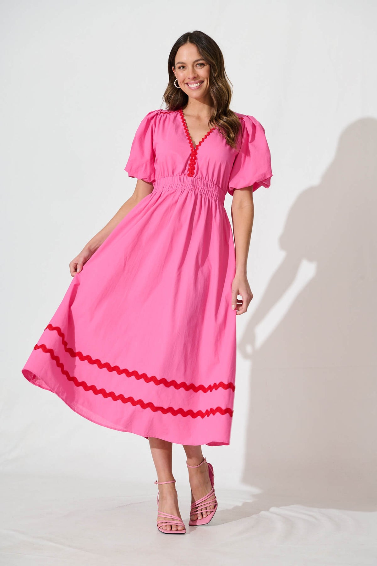 Pink Maxi Dress with Red Ric Rac Trim - Cotton Blend