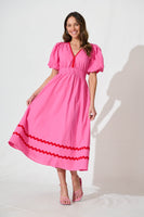 Pink Maxi Dress with Red Ric Rac Trim - Cotton Blend