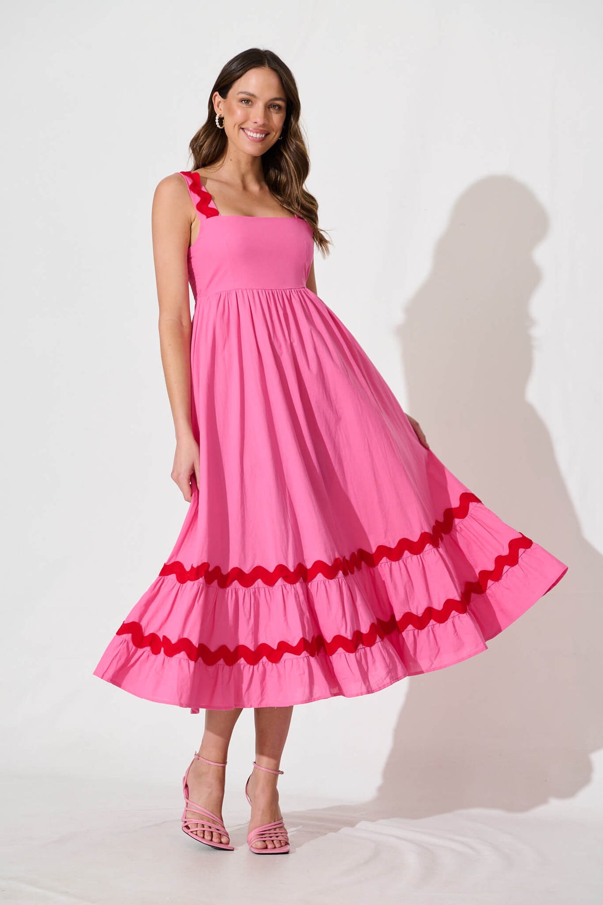 Pink Midi Sundress with Red Trim - Cotton