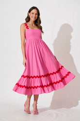 Pink Midi Sundress with Red Trim - Cotton