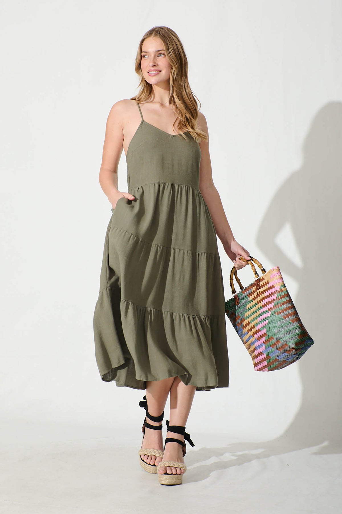 Khaki Linen Blend Midi Sundress for Women