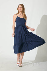 Navy Linen Blend Midi Dress for a Perfect Summer Look