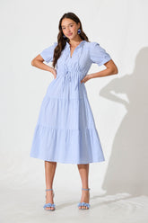 Blue & White Striped Midi Dress in Cotton Blend