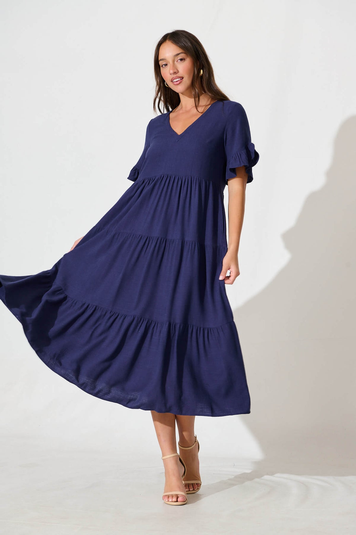 Navy Linen Blend Smock Dress by Kristen