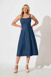 Dark Blue Denim Midi Sun Dress by Felina