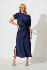 Navy Satin Off Shoulder Maxi Dress