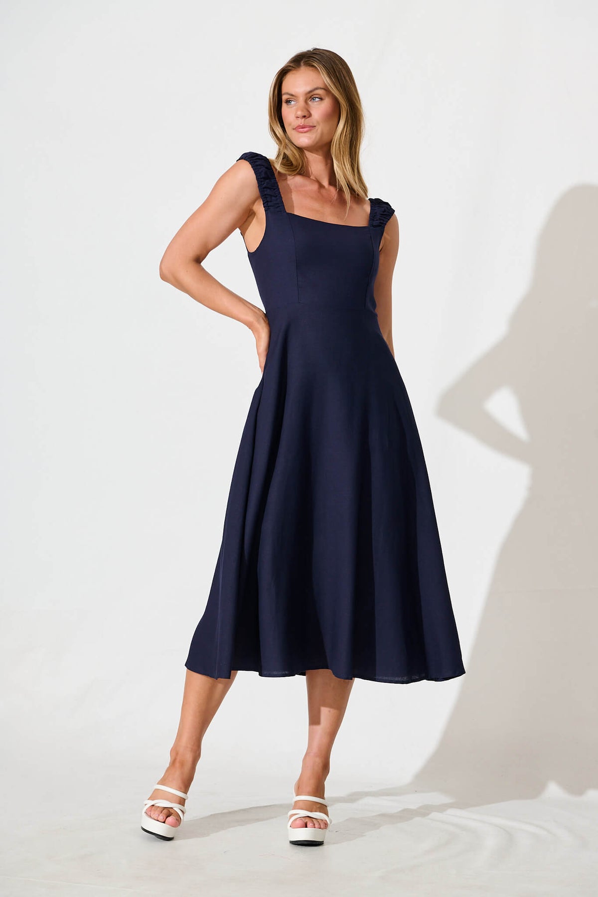 Navy Cotton Linen Midi Dress - Nikolena