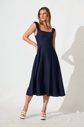 Navy Cotton Linen Midi Dress - Nikolena