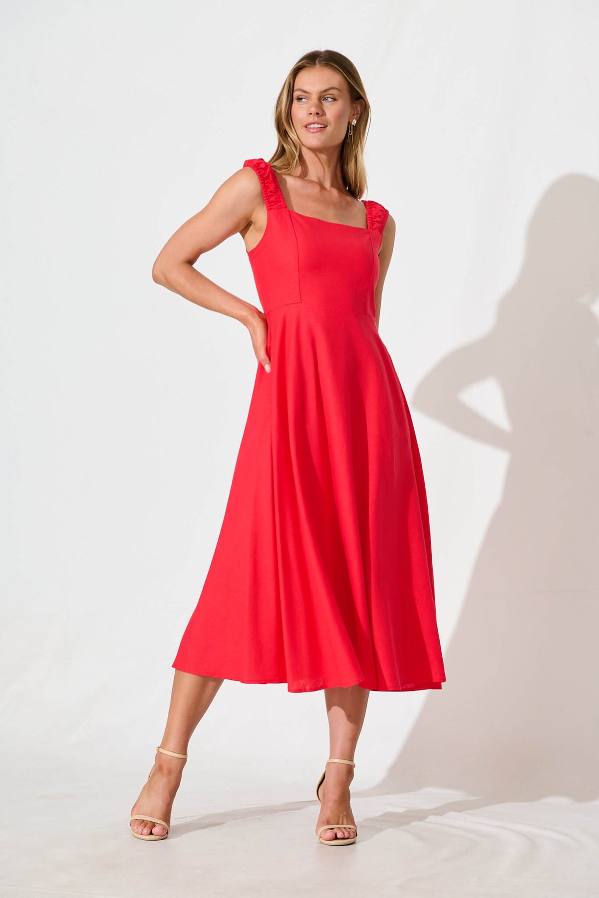 Red Cotton Linen Midi Dress by Nikolena