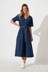 Navy Cotton Midi Dress by Rohini