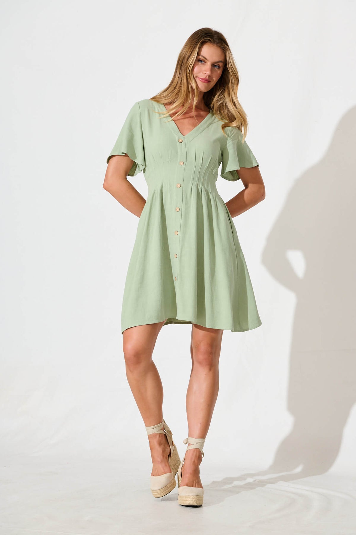 Pale Green Linen Blend Amaya Dress