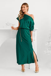 Emerald Green Satin Off-Shoulder Maxi Dress