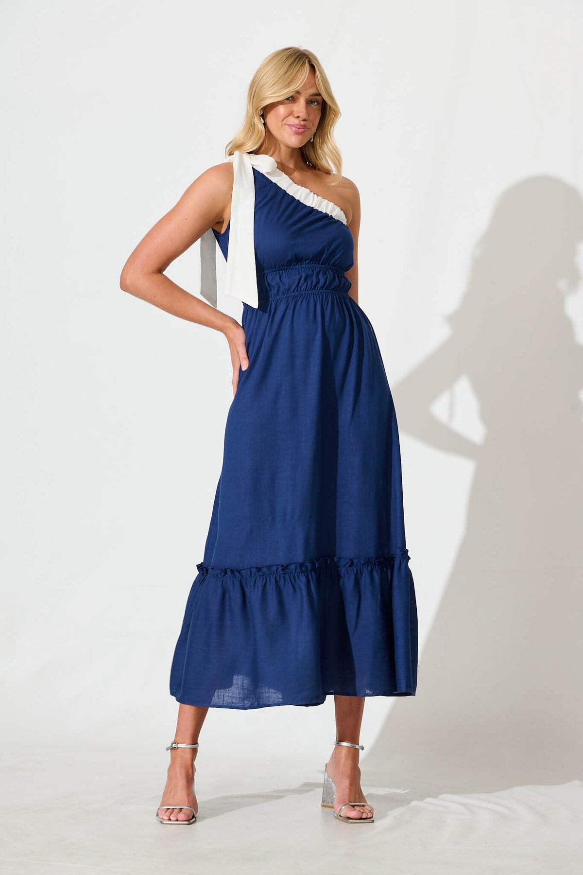 Navy Maxi Dress with One-Shoulder Design