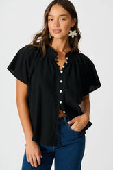 Black Cotton Linen Lombard Blouse