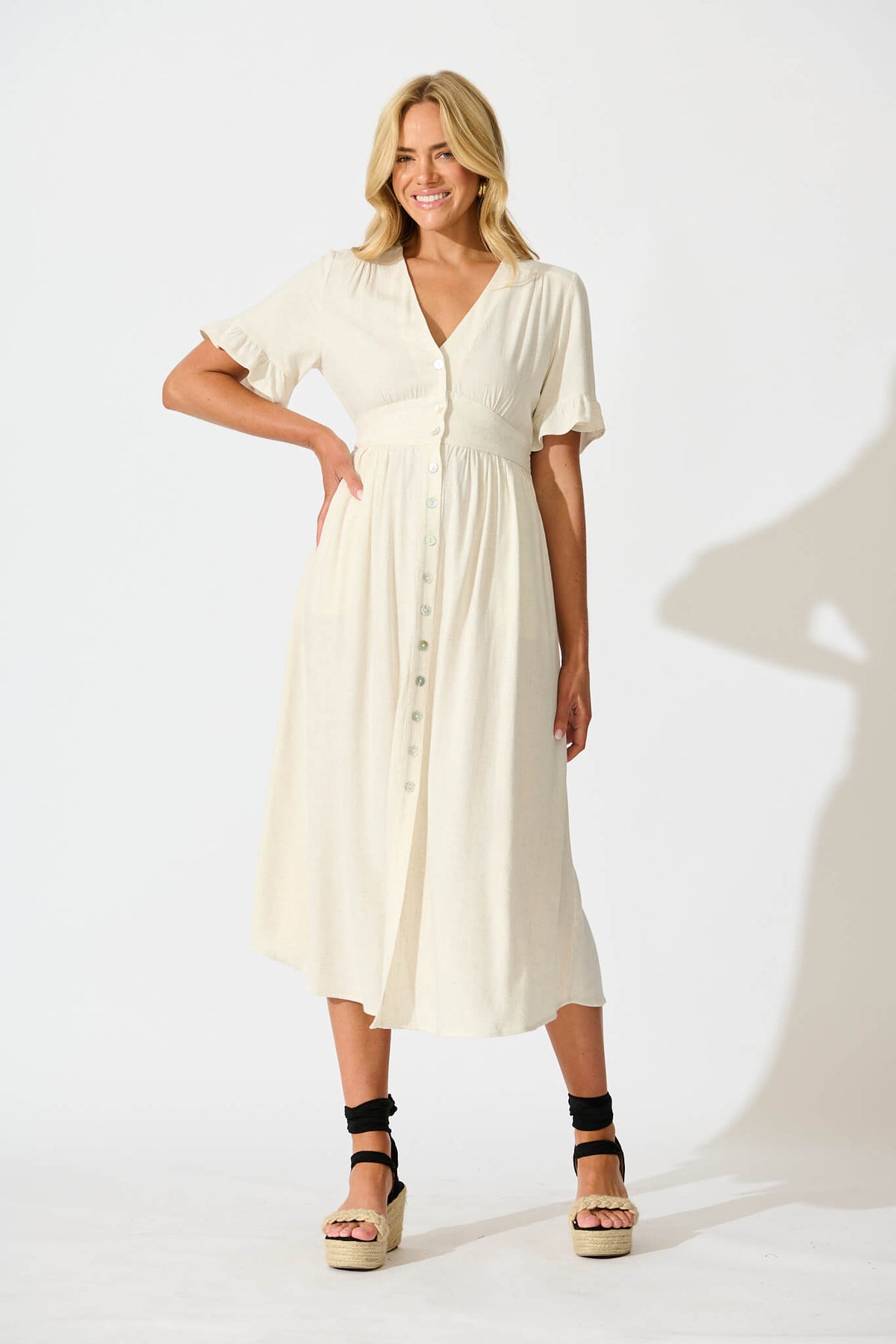 Oatmeal Linen Blend Midi Dress by Daysia