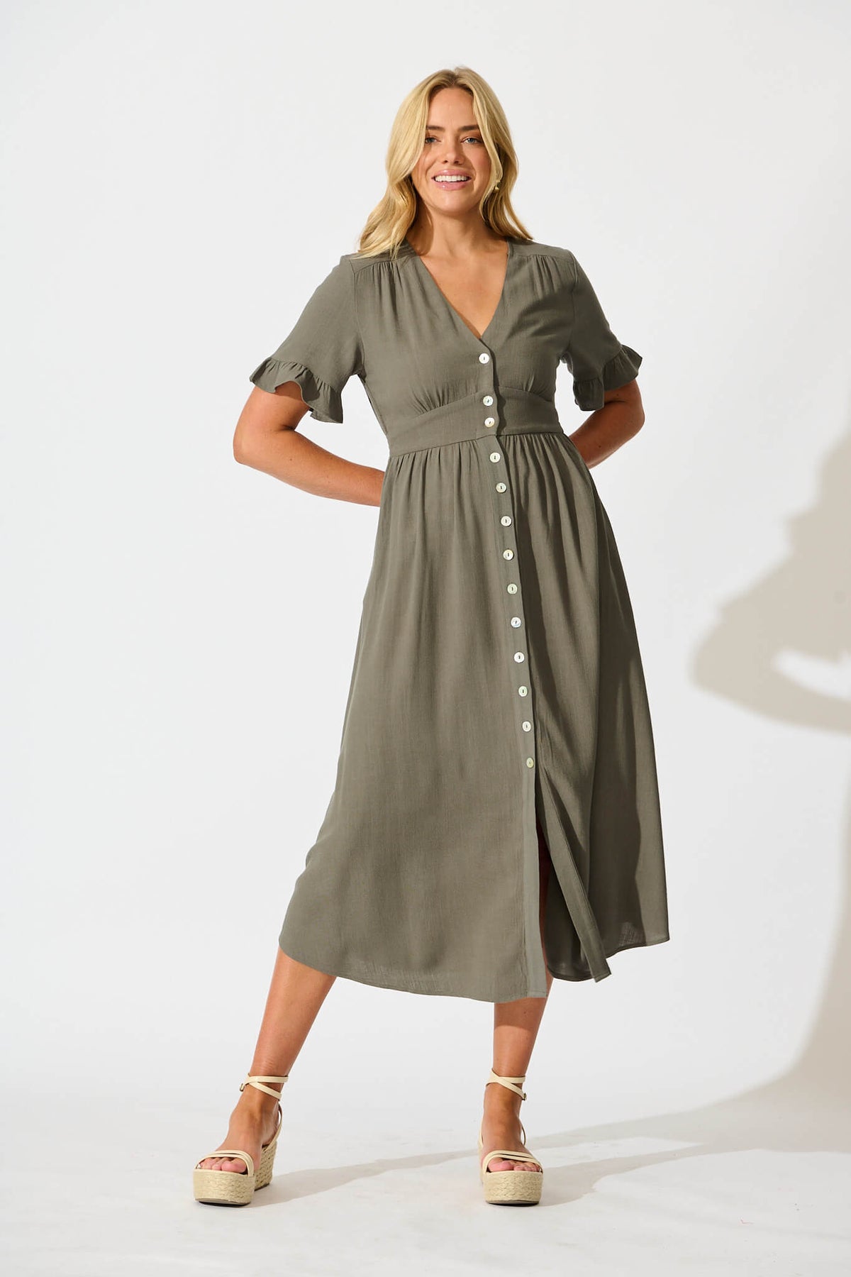 Khaki Linen Blend Midi Dress by Daysia
