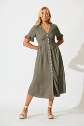 Khaki Linen Blend Midi Dress by Daysia