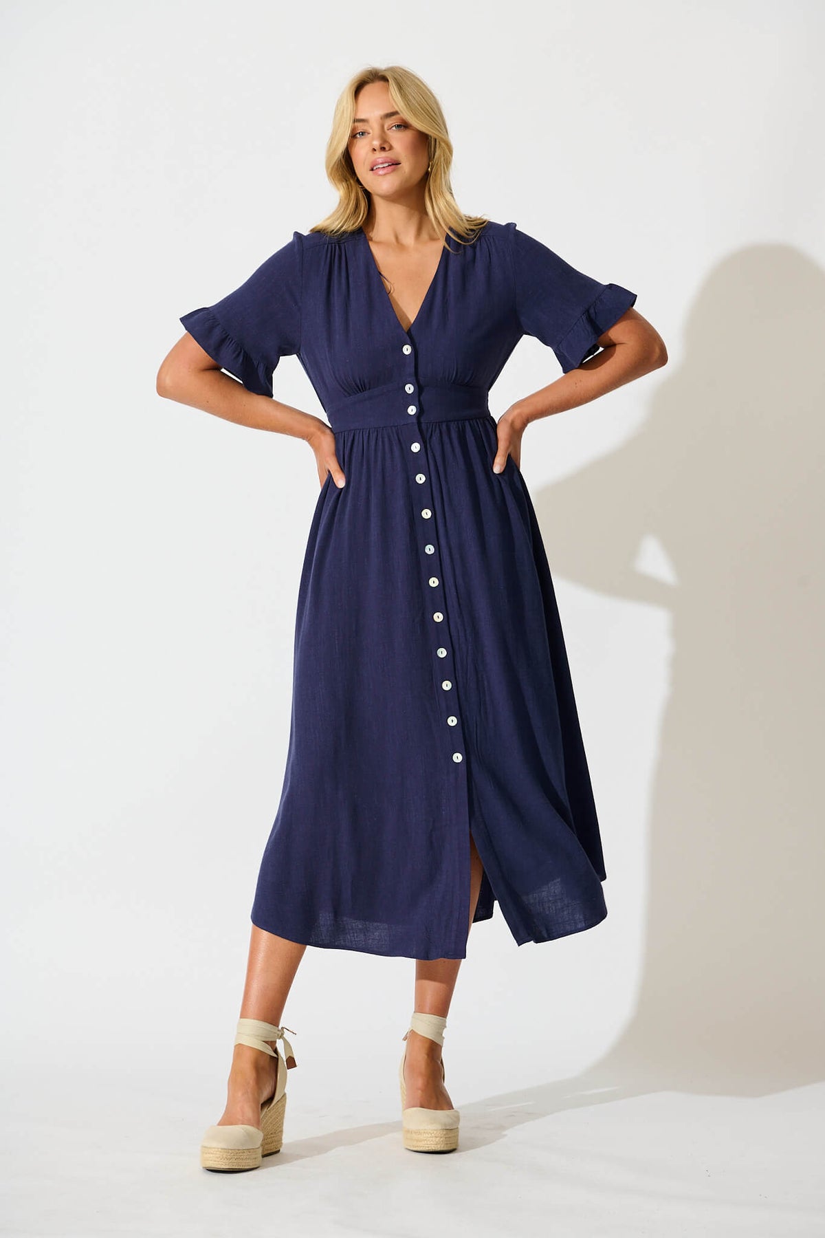 Navy Linen Blend Midi Dress - Daysia