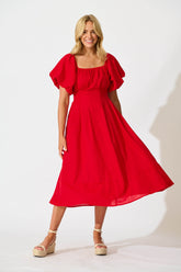 Red Linen Blend Midi Dress for Winter