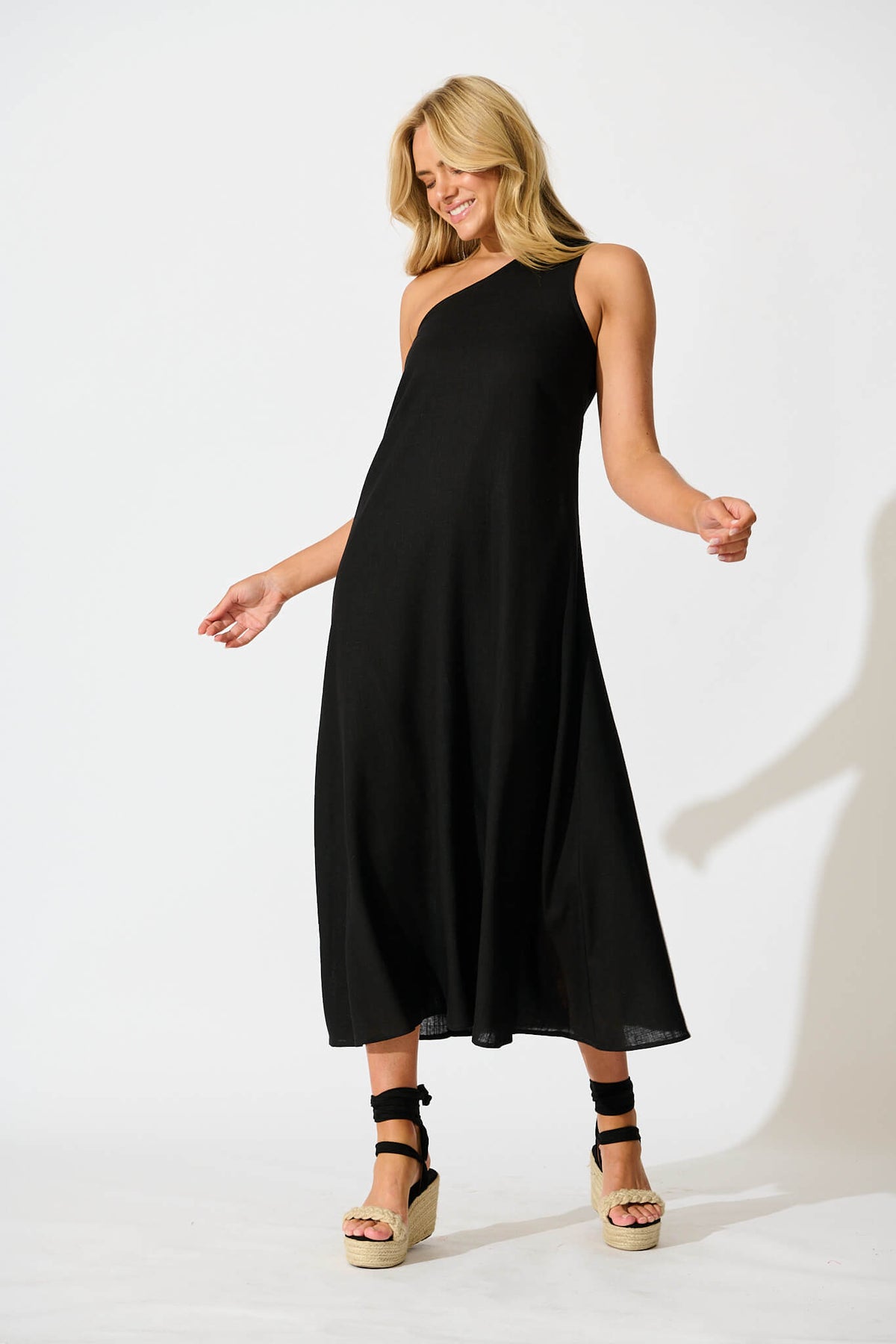 Black Linen Off-Shoulder Maxi Dress