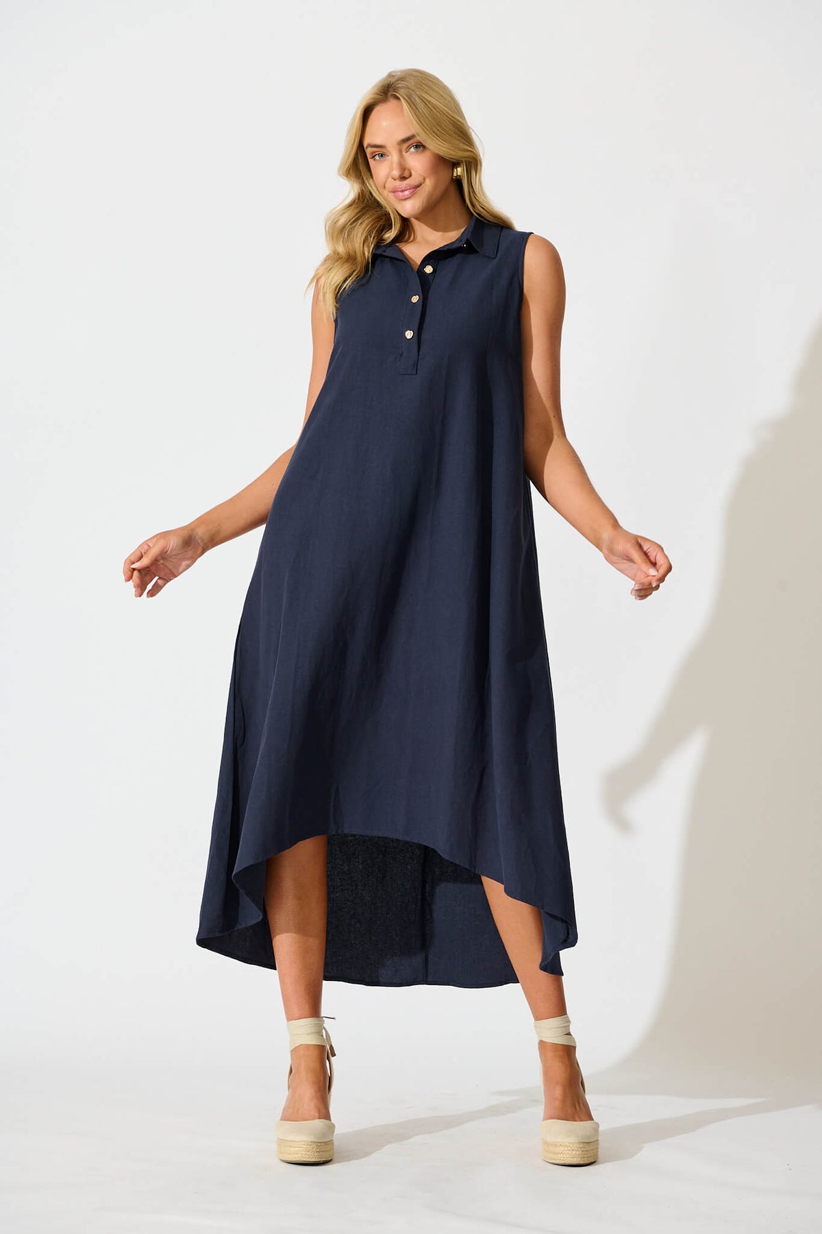 Navy Linen Midi Dress - Casual Elegance